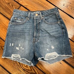 Zara Light Blue Distressed High-Waist Jean Shorts